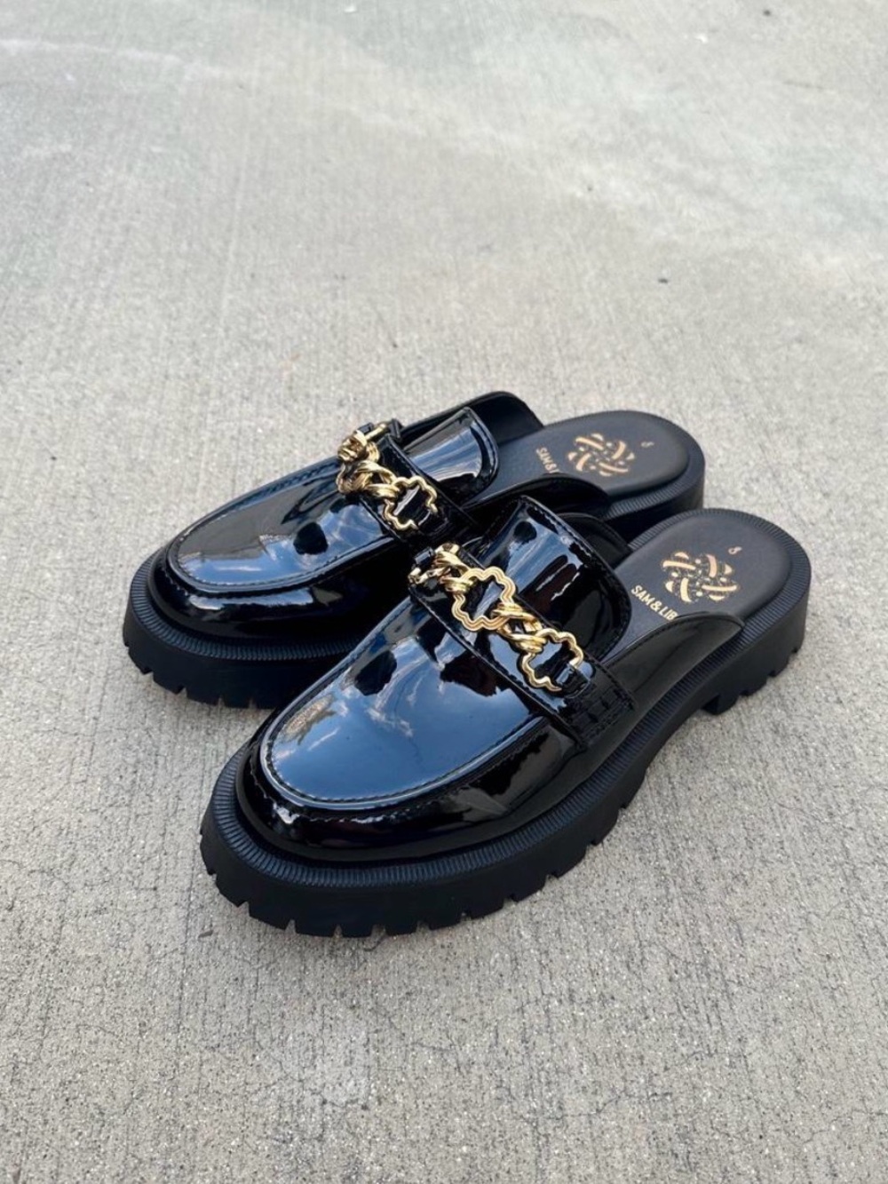 Sam & Libby Reese Glossy Faux Patent Leather Lug Sole Mule Loafers~8